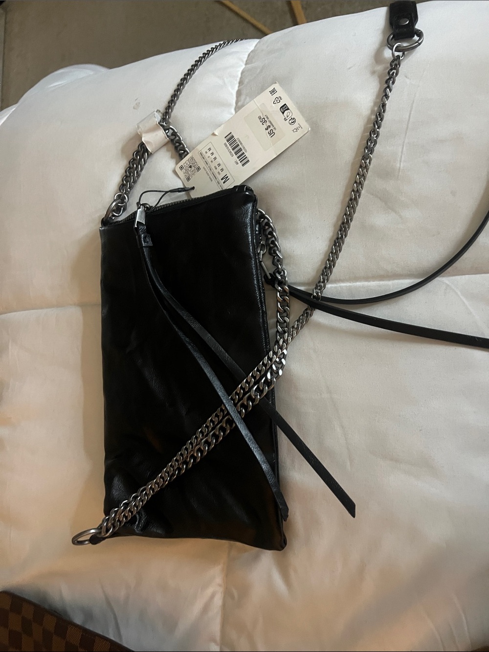 Zara Black Leather Crossbody with Silver Chain Detail